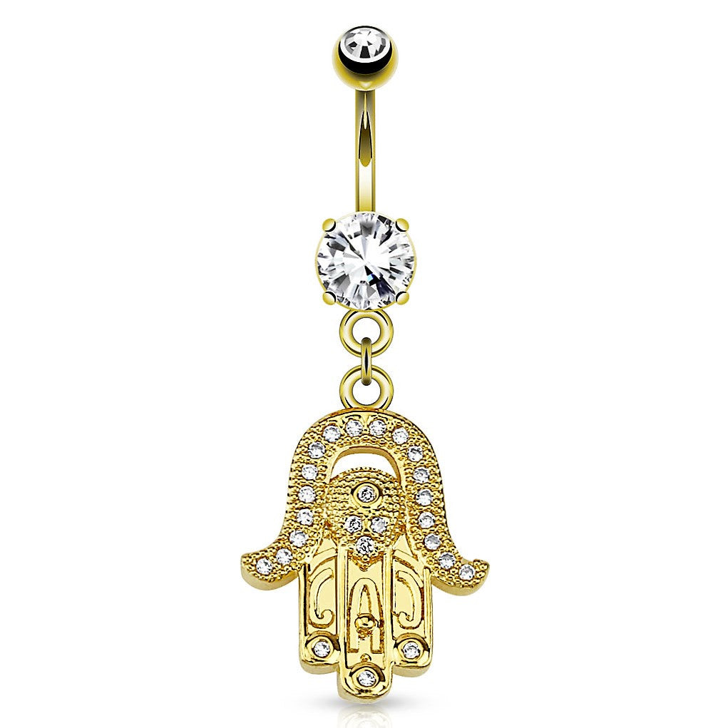 Belly Button Ring Hamsa Gem Paved Dangle 14kt Gold Plated Navel Ring