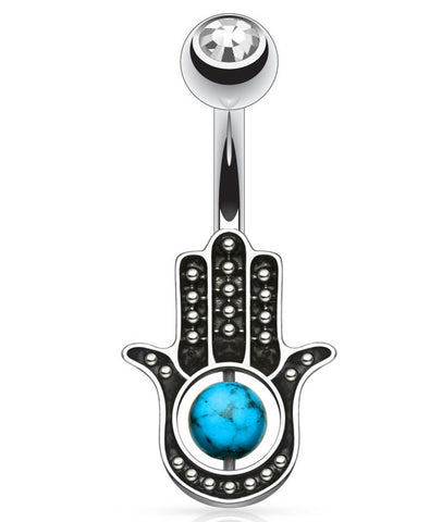 Belly Button Ring Hamsa Hand with Stone Palm 316L Surgical Steel Navel Ring