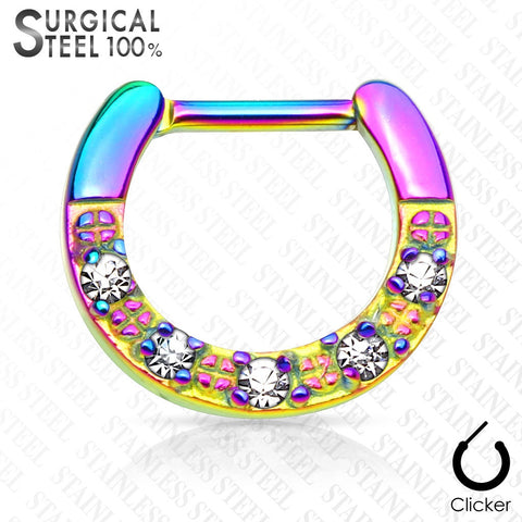 Septum Five CZs Paved Single Line All 316L Surgical Steel Septum Clicker 16g