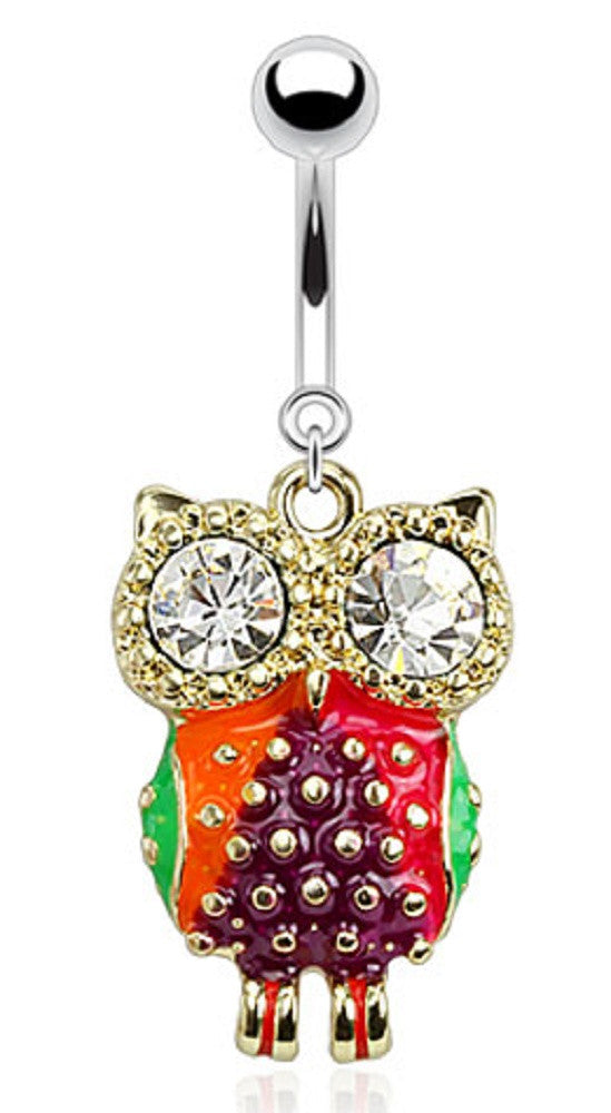 Belly Button Ring Colorful Epoxy Owl with CZ Eyes Dangle Navel Ring 316L Surgical Steel