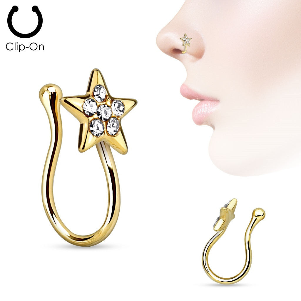 Star with Gems Gold IP Non Piercing Nose Clip