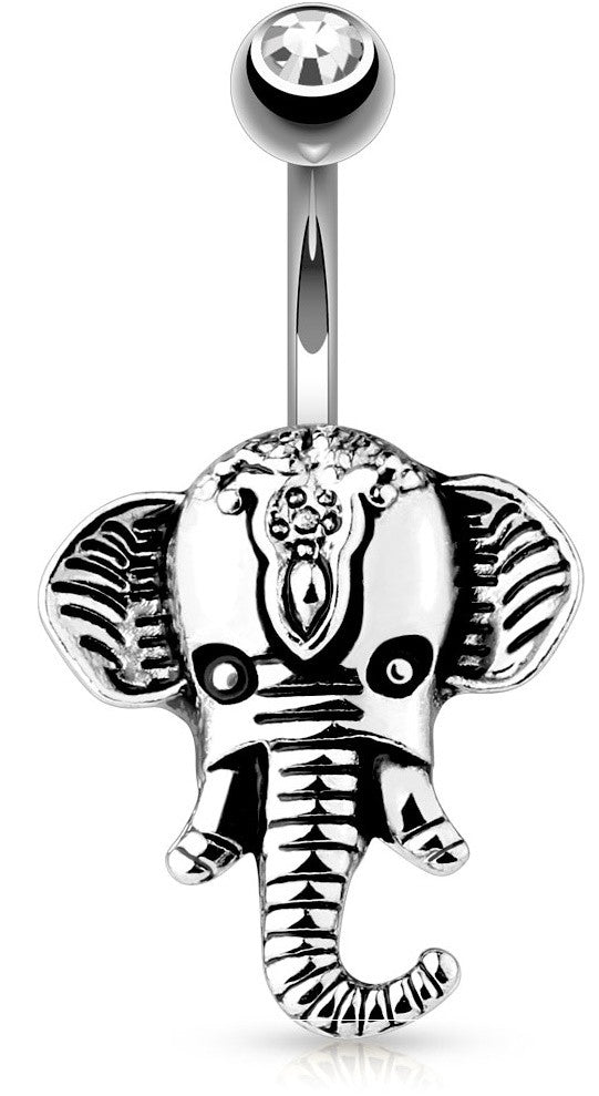 Belly Button Ring Elephant Paved Gems Black Ears 316L Surgical Steel Navel Ring