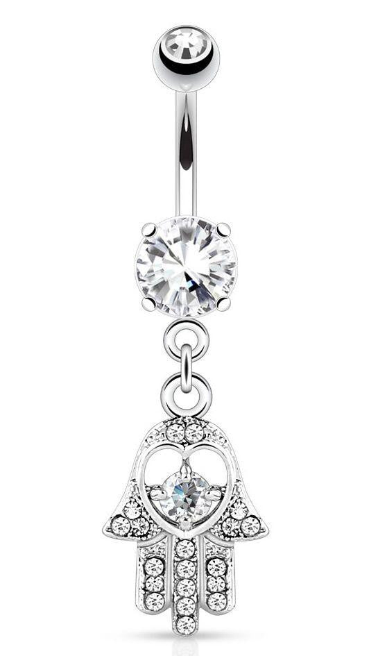 Belly Button Ring Hamsa with CZ and Gem Paved Dangle Navel Ring