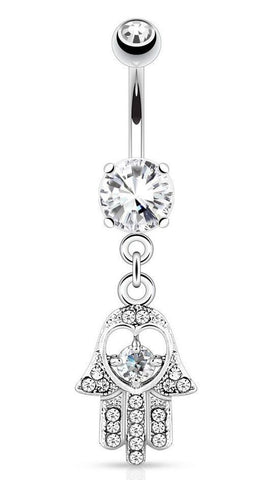 Belly Button Ring Hamsa with CZ and Gem Paved Dangle Navel Ring