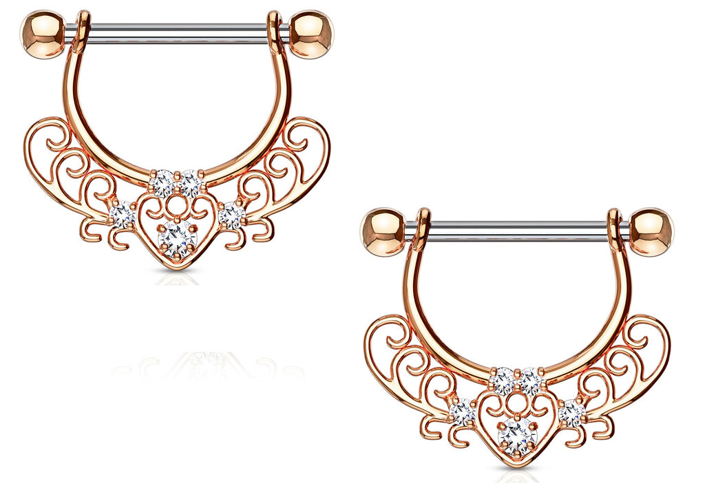 Nipple rings CZ Set Center Heart Filigree Dangle 316L surgical Steel [Rose Goldtone]
