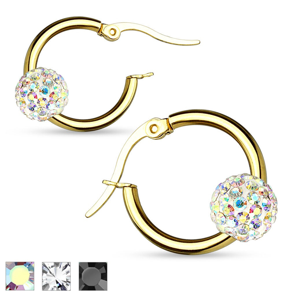 Earrings Pair of Colored Crystal Ball Gold IP 316L Surgical Steel Hoop Earring 12g