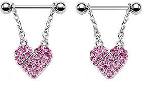 Body Accentz Nipple Ring CZ Heart Dangle bar body Jewelry Pair Sold as pair