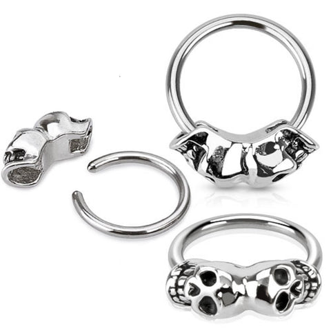 Twin Skull 316L Surgical Steel Captive Bead Ring Septum Hanger 16g