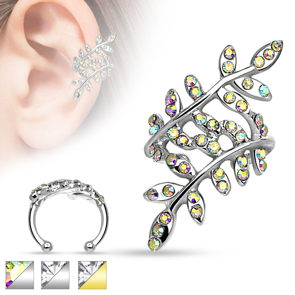 Multi Paved Crystals Leaflet Non Piercing Ear Cuff