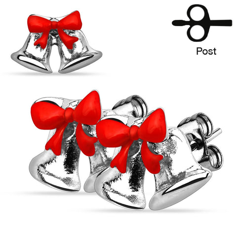 Pair of Christmas Ribbon Jingle Bell 316L Stainless Steel Stud Earrings