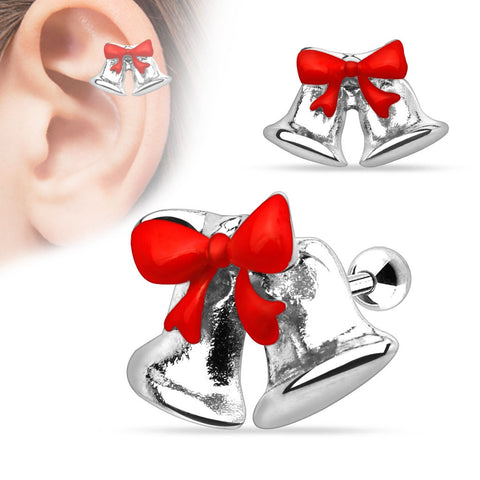 Christmas Ribbon Jingle Bells 316L Surgical Steel Tragus/Cartilage Barbell Holiday