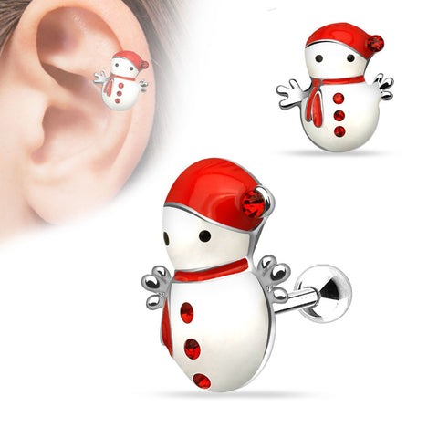 Christmas Snowman 316L Surgical Steel Tragus/Cartilage Barbell Holiday