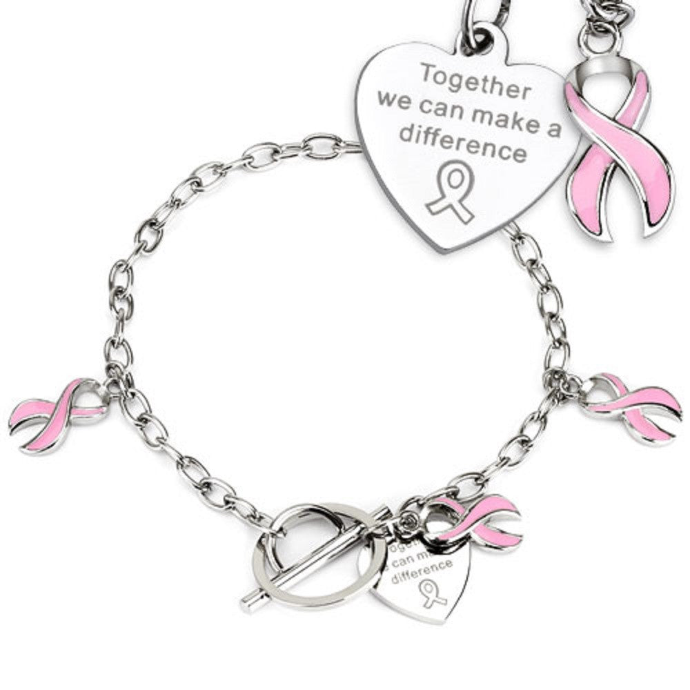 Pink Ribbon Cancer Awareness Charms on Chain Stainless Steel Bracelet