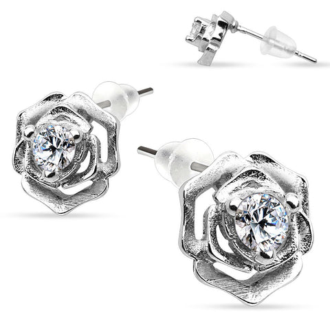 Pair of .925 Sterling Silver Rose with CZ in middle Stud Earrings Post