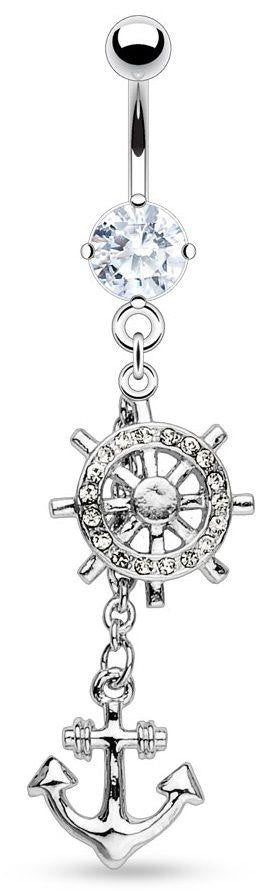 Belly Button Ring Wheel and Anchor Gem Paved 316L Surgical Steel Navel 14g 3/8'' bar