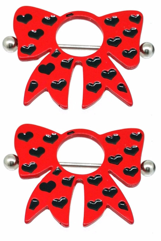 Nipple Ring Bars Red Bow Shield Body Jewelry Pair 14 gauge Body Piercing