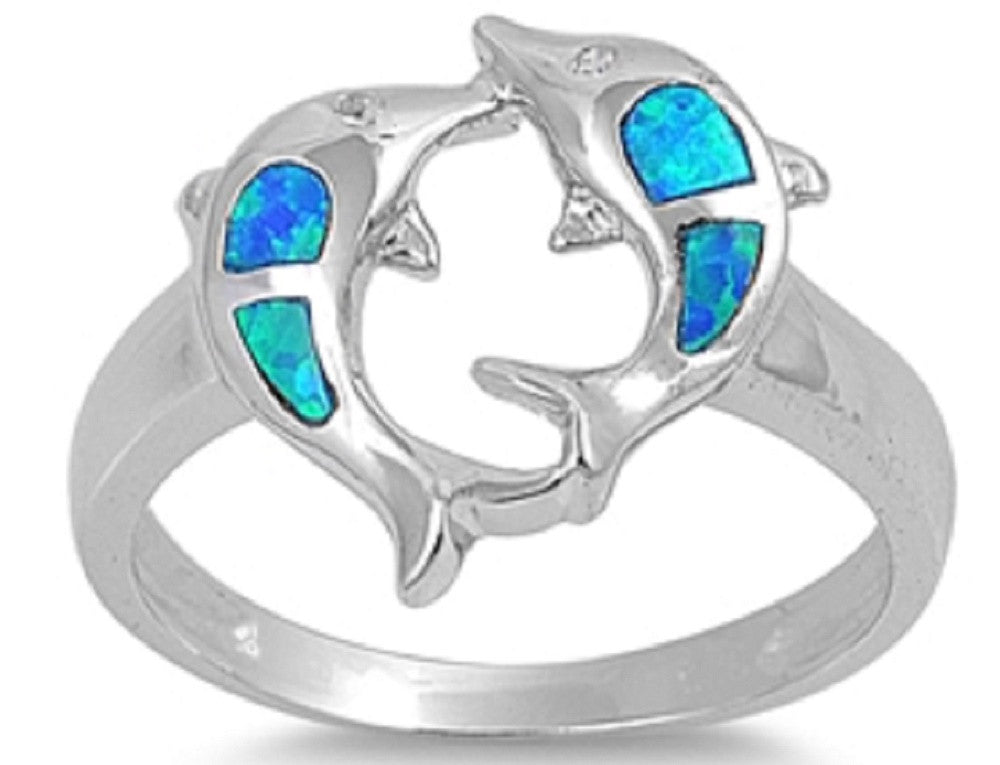 STERLING SILVER Lab Opal Ring - Dolphin  band