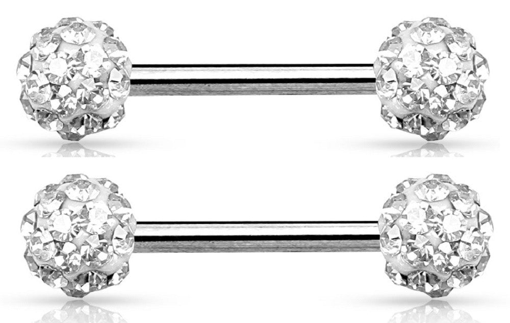Nipple Ring Crystal Paved Ferido Balls 316L Surgical Steel Nipple Bar Pair