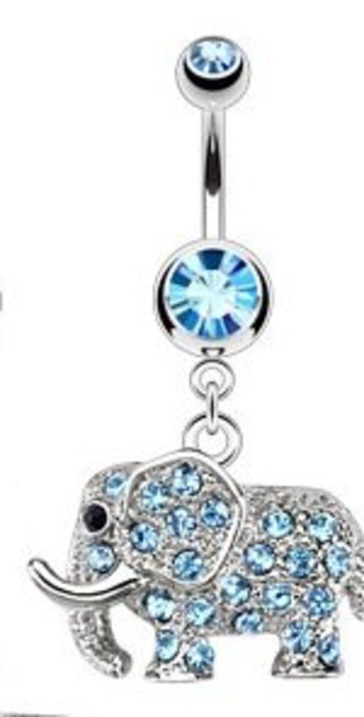 Belly Button Ring 316L Surgical Steel Multi Paved CZs Elephant Dangle Navel