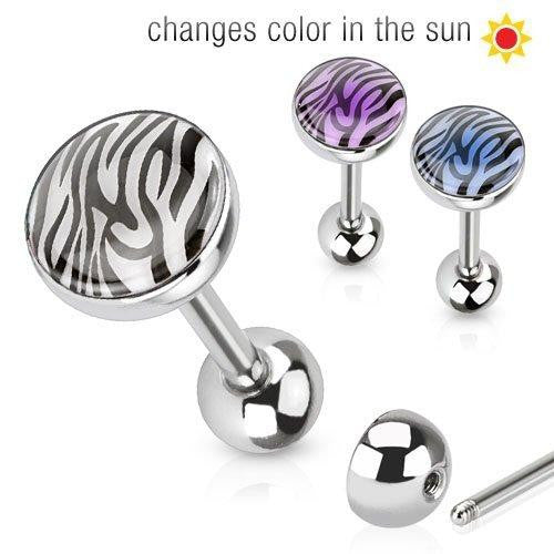 Tongue Ring 316L Surgical Steel Barbell Solar Activated Tiger Print Dome Top