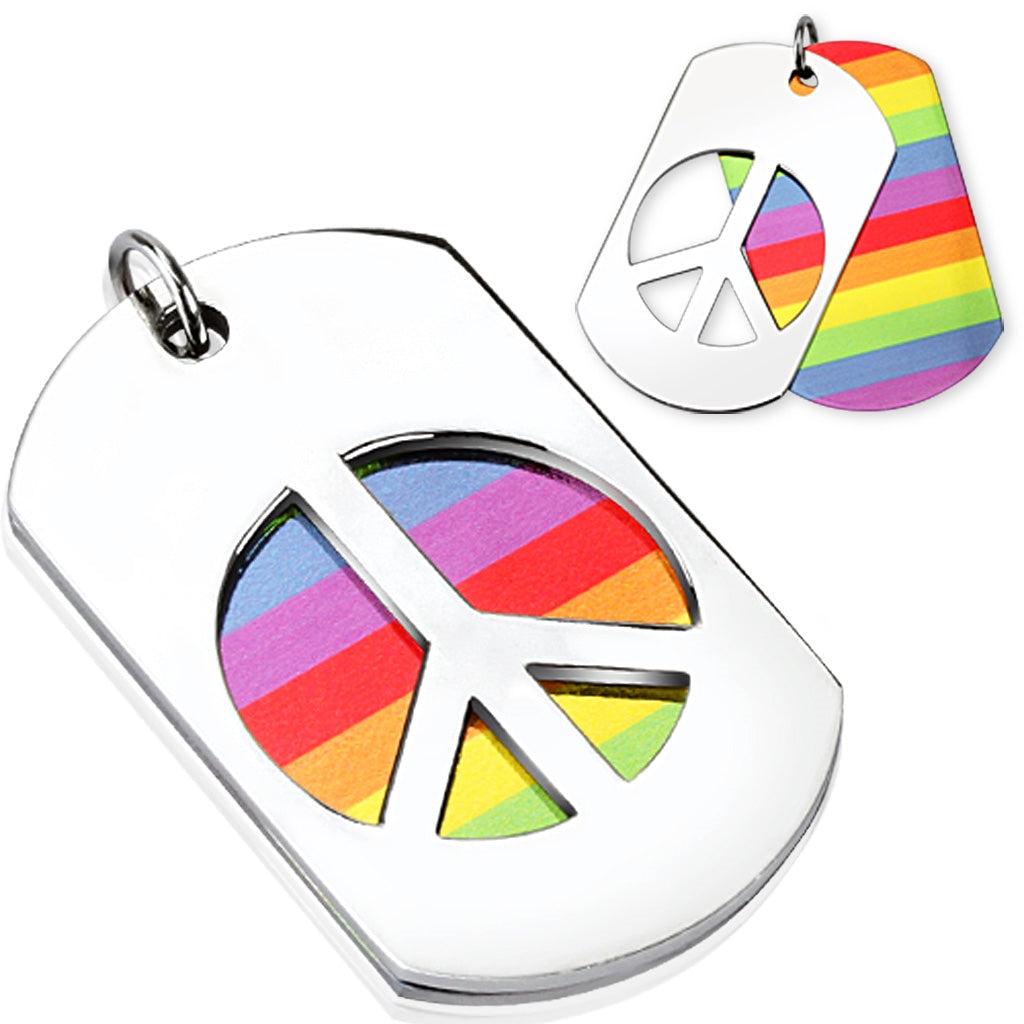 316L Stainless Steel Horizontal Rainbow Carved Out Peace Sign Stainless Steel Double Dogtag Pendant