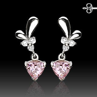 Pair of 925. STERLING SILVER STUD EAR RINGS W/ALL PRONG SET PINK CZ HEART Rhodium plated Earrings