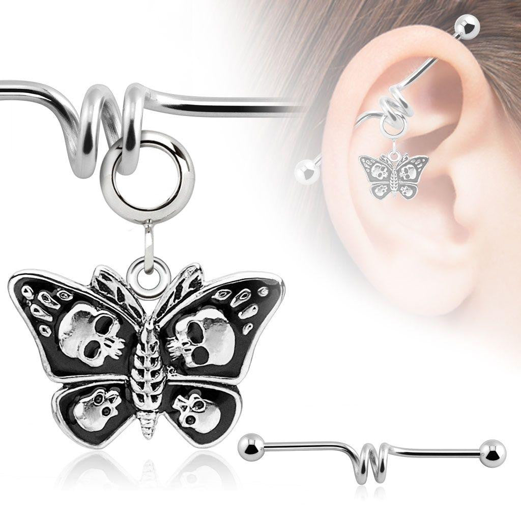 Industrial bar 316L Surgical 14g 1 1/2 Butterfly with Skulls Dangle Charm