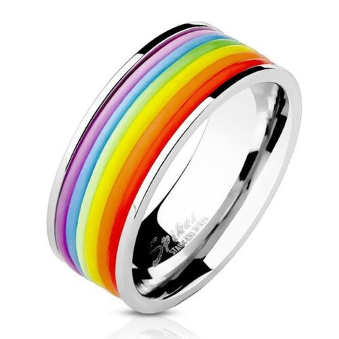 Rainbow Rubber Striped Band Ring Stainless Steel 8mm face height