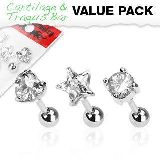 Body Accentz® 3 Pcs Value Pack of Assorted 316L Surgical Steel Tragus/Cartilage Barbell with Clear Multi Paved Top 16g 1/4" heart star solitaire