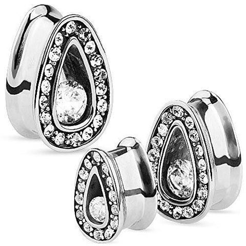 Single Set CZ with Multi Gemmed Rims 316L Surgical Steel Tear Drop Tunnel 5/8''