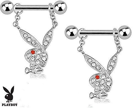 Playboy Bunny with Multi Paved Gems Dangle 316L Surgical Steel Nipple Bar