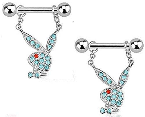 Playboy Bunny with Multi Paved Gems Dangle 316L Surgical Steel Nipple Bar