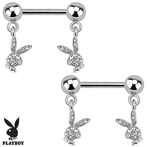 Playboy Bunny with Paved Gems Dangle 316L Surgical Steel Nipple Bar
