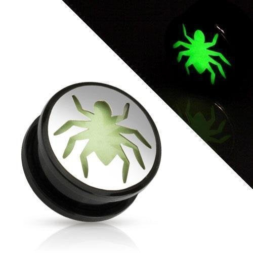 Earrings Ring Black UV Screw Fit Plug with Glow in the Dark Hollow Spider Sold as a pair 7/8"