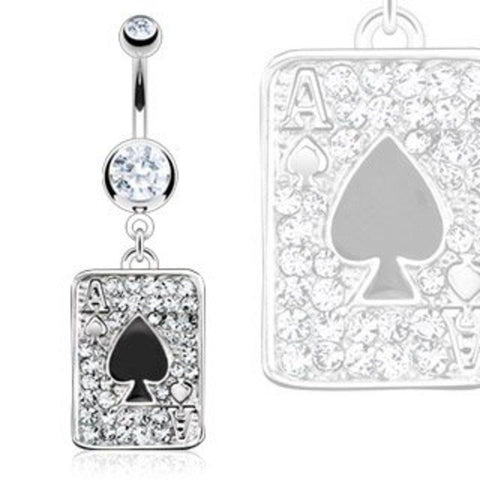 Belly Button Ring  Multi Paved Gem Spade Ace Poker Card Fancy Navel 14g 3/8''