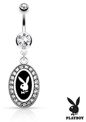 Belly Button Ring Playboy Bunny Round Frame with Paved Gems Dangle Navel