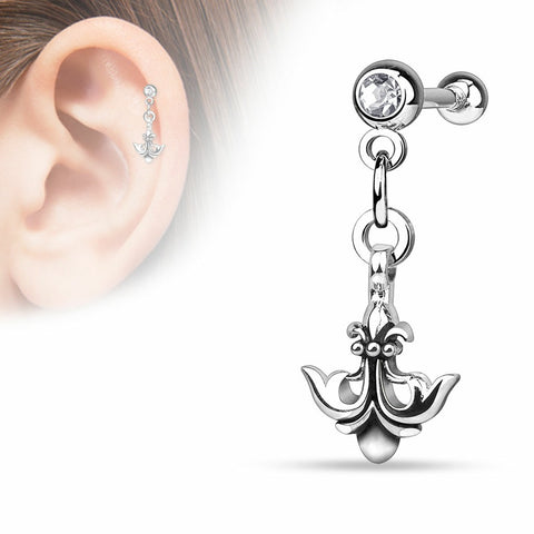 Tragus Barbell Anchor Fleur De Lis Dangle  Ball 316L Surgical Steel Cartilage Bar 16g