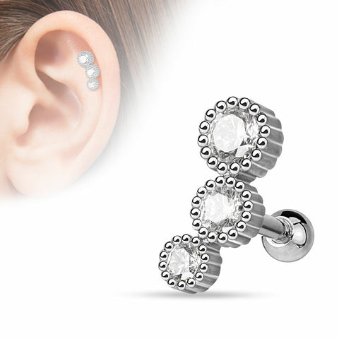 Tragus Barbell 3 Round CZ Set 316L Surgical Steel Cartilage Bar 16g