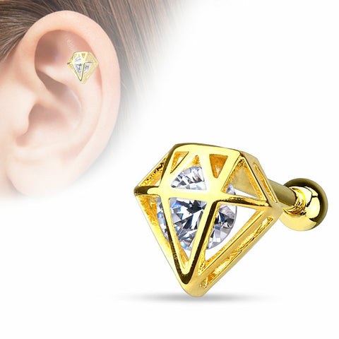 Tragus Barbell CZ Incased Diamond 14Kt. Gold Plated over 316L Surgical Steel Cartilage Bar 16g