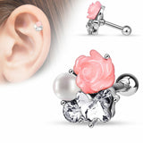Tragus Barbell CZ Pearl Rose Flower 316L Surgical Steel Cartilage Bar 16g 1pc