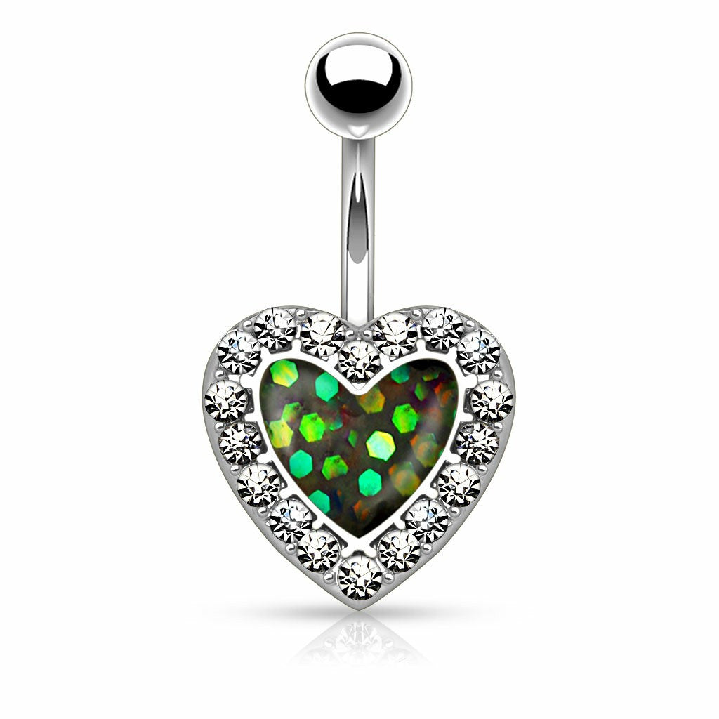 Body Accentz Belly Button Ring Navel Imitation Opal Glitter Centered Crystal Paved Heart 14g
