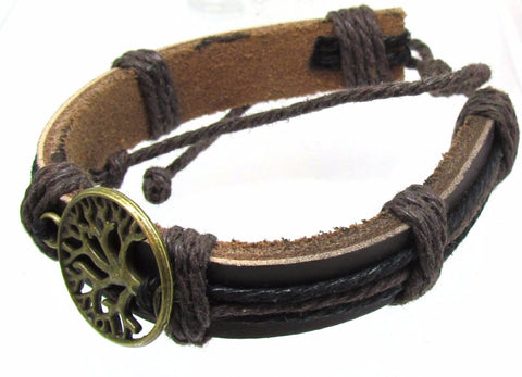 Adjustable Mens Womens Leather Bracelet, Vintage Leaves Life Tree Charm Bangle, Brown