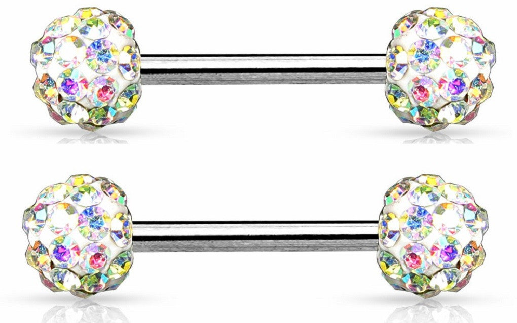 Nipple Ring Crystal Paved Ferido Balls 316L Surgical Steel Nipple Bar Pair