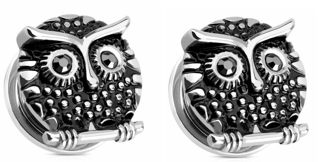 Earrings Rings Owl with Gemmed  316L Surgical Steel Screw Fit Plug 5/8"