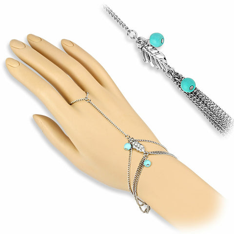 Turquoise Beads and Leaf Charm Chain Bracelet