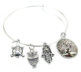 Tree of Life Bracelet - Silver Plate Expandable Bangle Love Family  Owl Hamsa Turtle