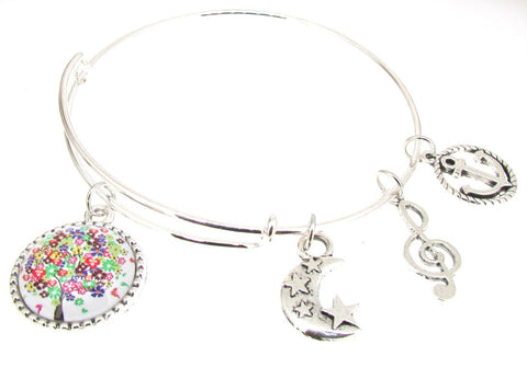 Tree of Life Bracelet Silver Plate Expandable Bangle Moon Anchor G Clef