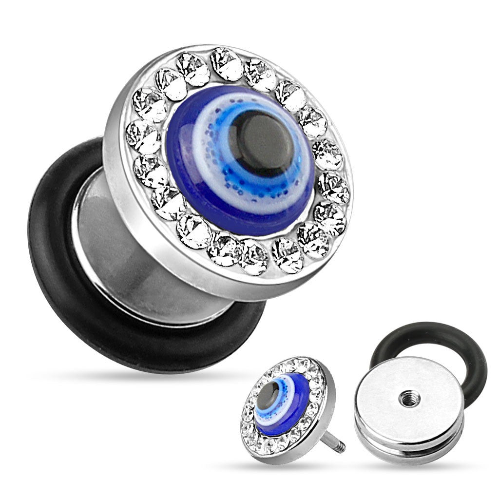 Earrings Rings Crystal Paved Lucky Eye 16g 316L Surgical Steel Fake Plugs Pair