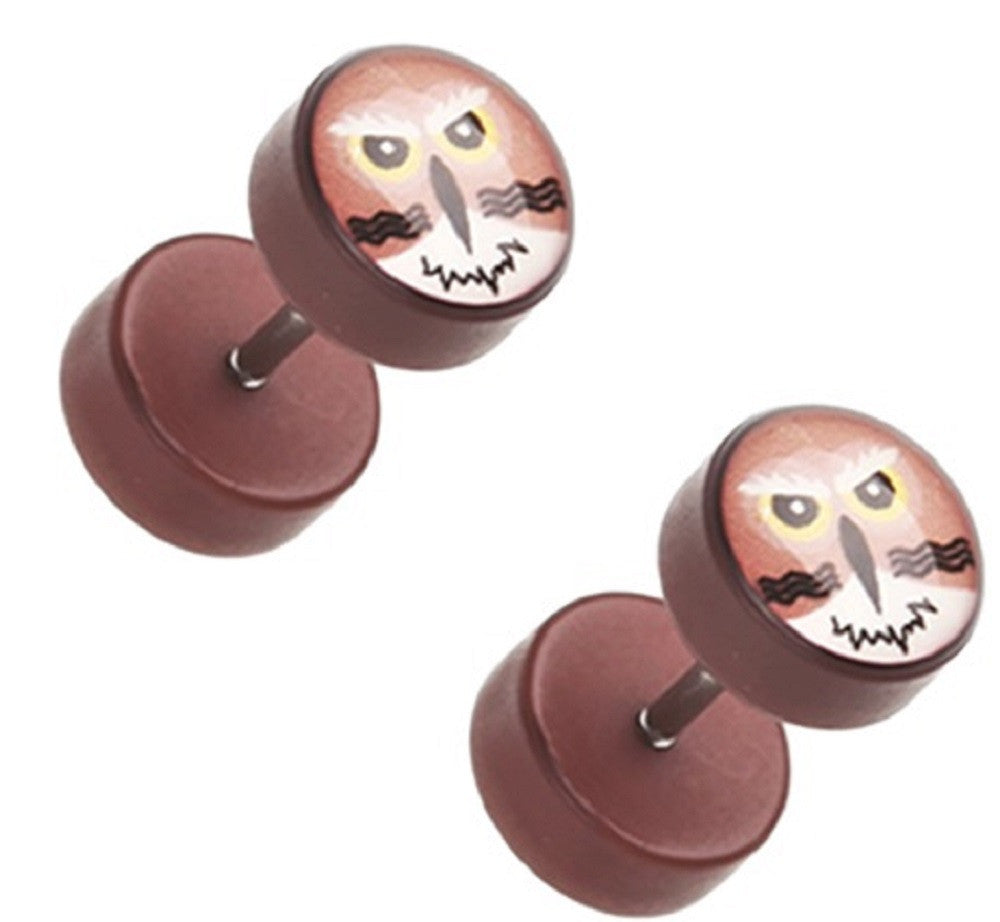 Earrings Rings 	Brown Owl Acrylic 16g 316L Surgical Steel Fake Plugs Pair