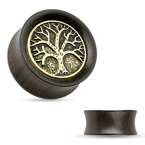 Earrings Rings Organic Ebony Wood Saddle Tunnel with Tree of Life Top 0g